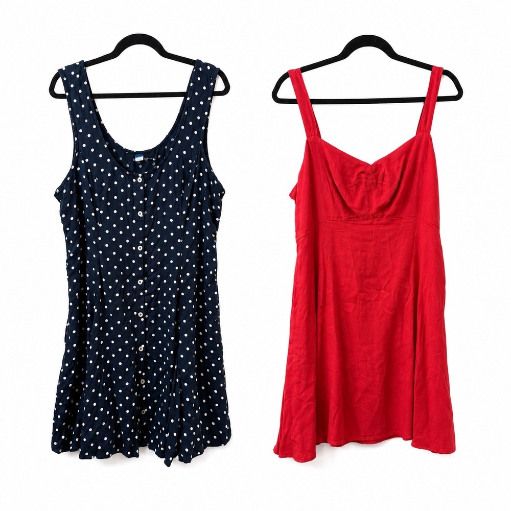 Old Navy Dress Bundle Navy Polka Dot & Solid Red Mini Dresses Cottagecore XL